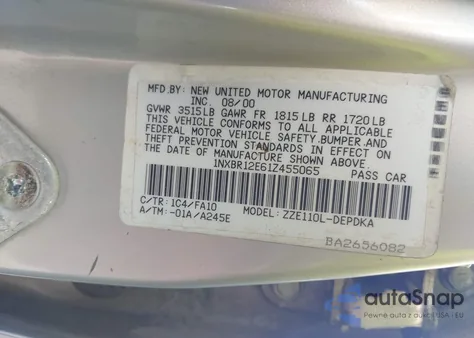 2001 Toyota Corolla Le z USA, uszkodzony, nr VIN 1NXBR12E61Z455065
